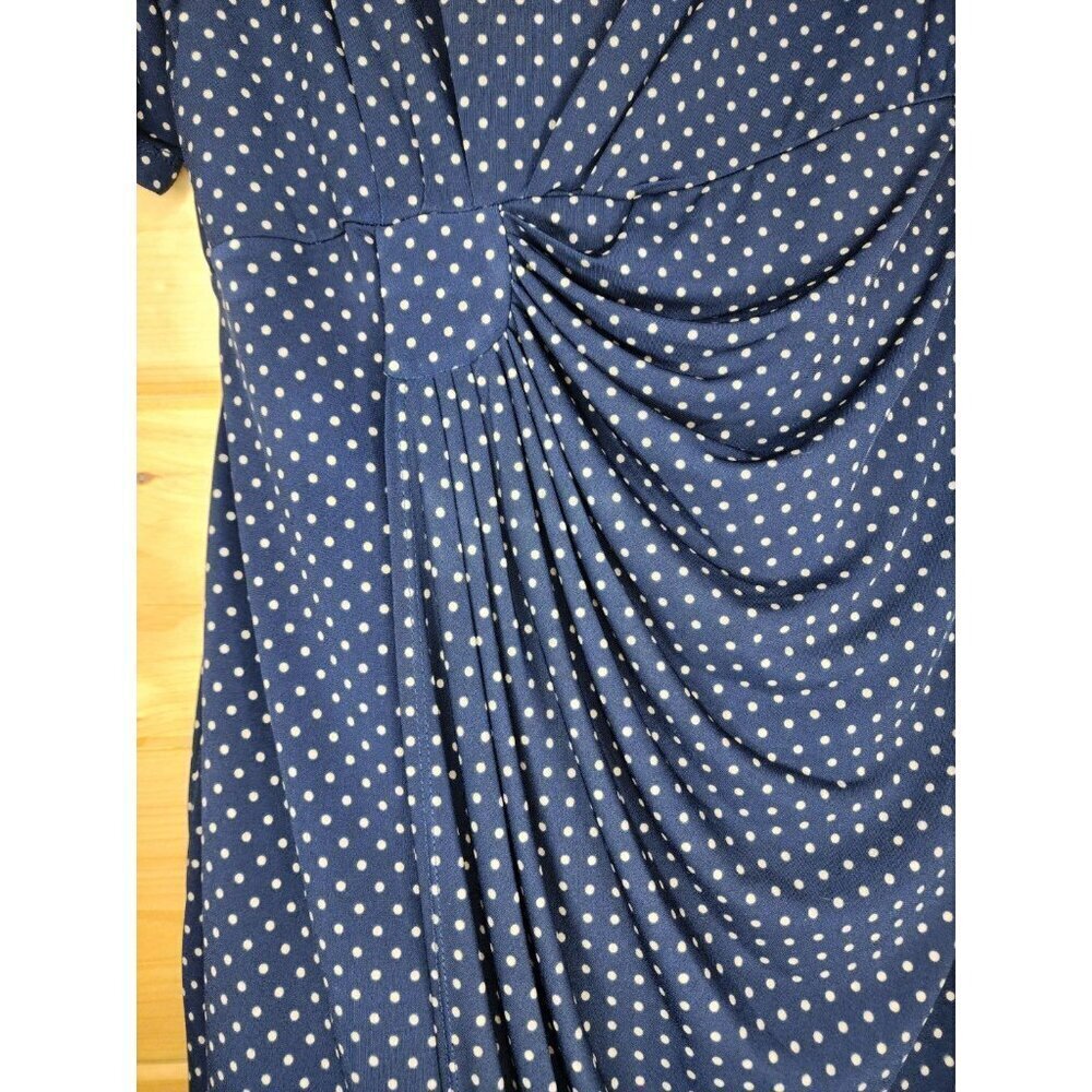 Enfocus Studio Navy Blue Gold Polka Dot Sleeveless Ruched Dress Size 14 Petite - Picture 6 of 10